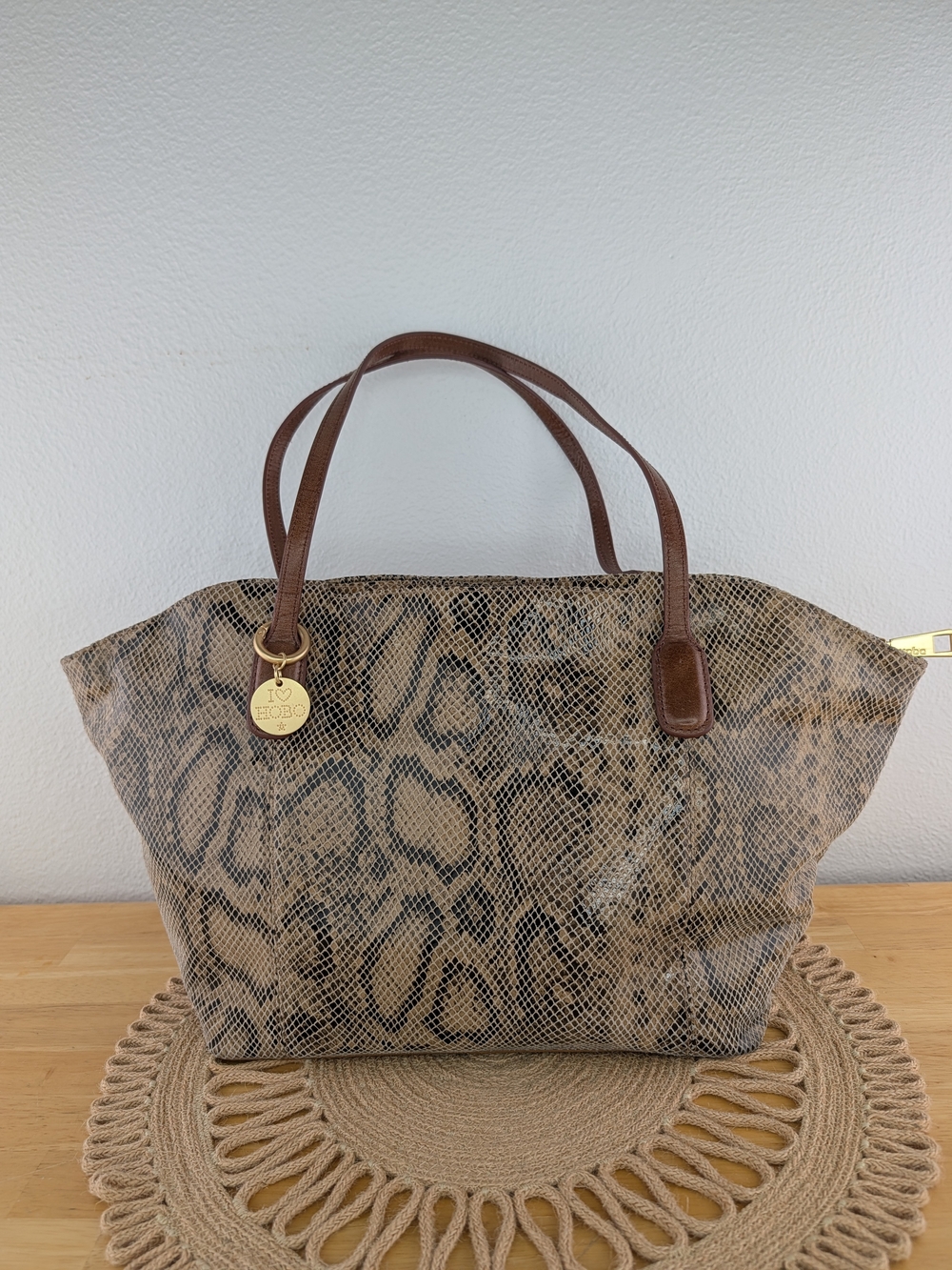 Hobo Snakeskin Embossed Leather Tote Shoulder Bag Brown Black Gold Tone Hardware